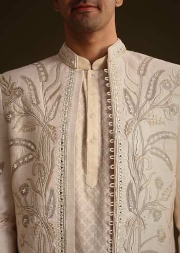 Ivory Silk Indo Western Set With Zardosi Work