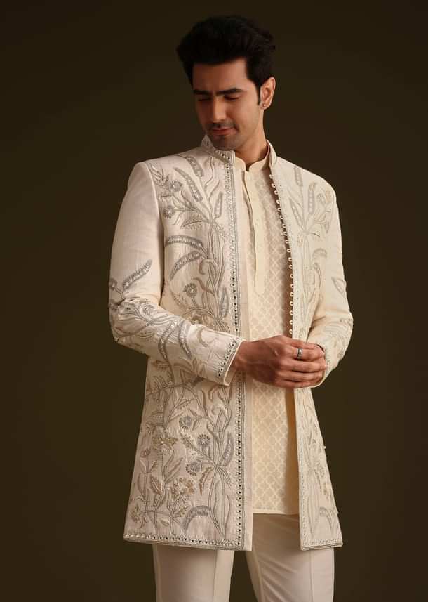 Ivory Silk Indo Western Set With Zardosi Work Ivory Silk Indo Western Set With Zardosi Work