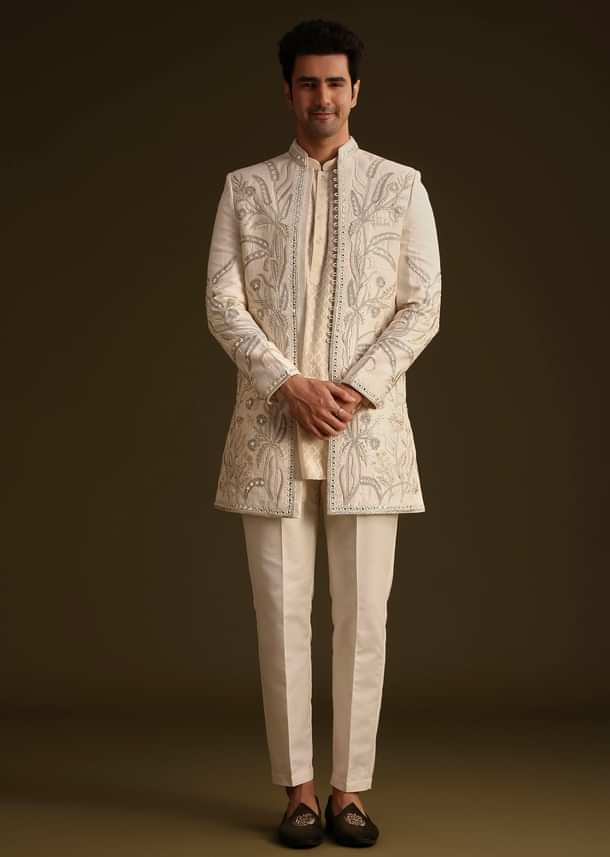 Ivory Silk Indo Western Set With Zardosi Work Ivory Silk Indo Western Set With Zardosi Work