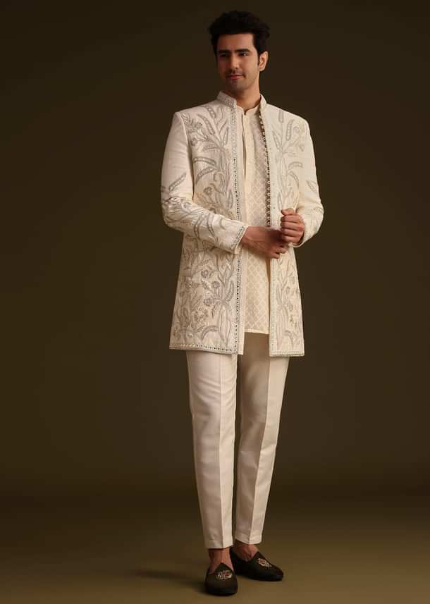 Ivory Silk Indo Western Set With Zardosi Work Ivory Silk Indo Western Set With Zardosi Work