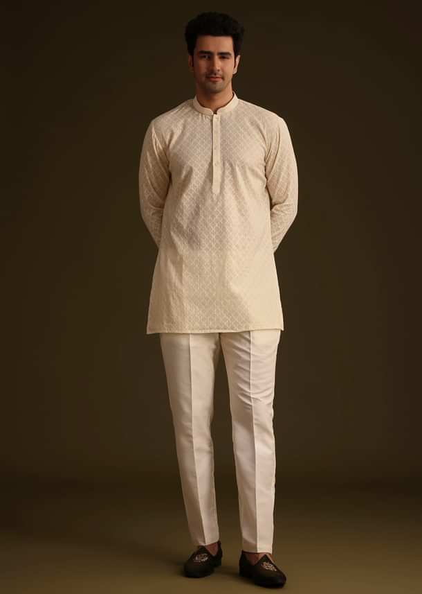 Ivory Silk Indo Western Set With Zardosi Work Ivory Silk Indo Western Set With Zardosi Work