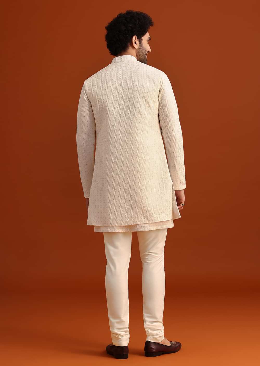 Ivory Silk Jacket And Kurta Set With Resham Work