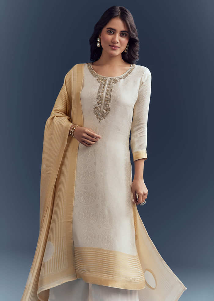 Ivory Silk Kurta Set With Jacquard Weave And Zardosi Work