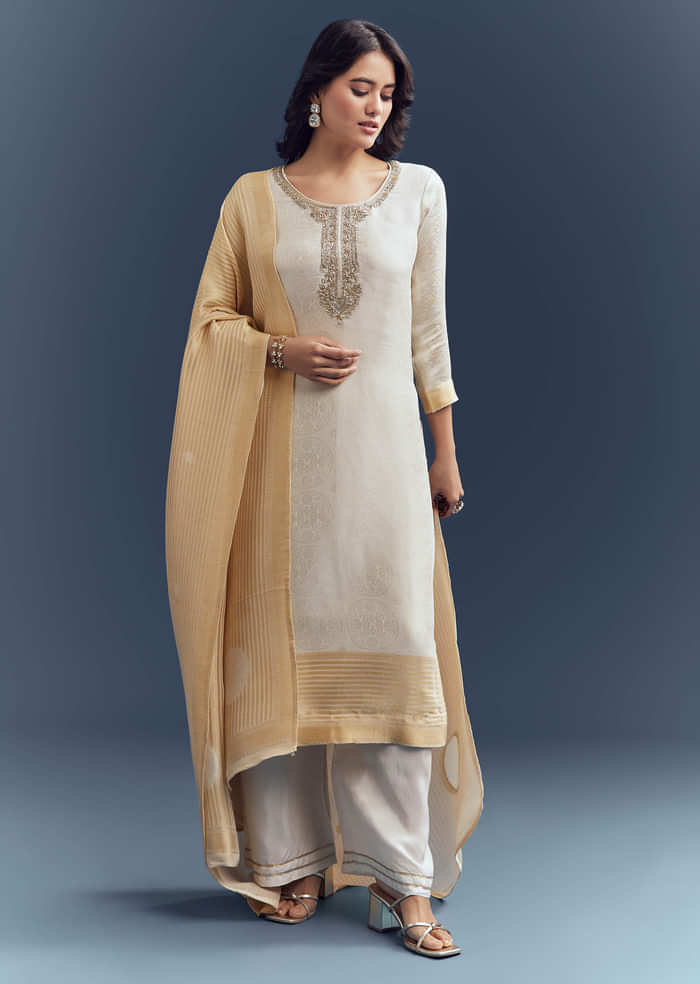 Ivory Silk Kurta Set With Jacquard Weave And Zardosi Work