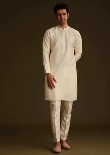 Ivory Silk Long Jacket Set With Resham And Mirror Work