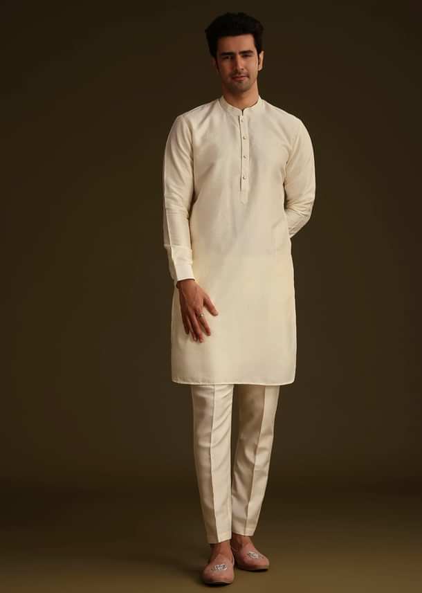 Ivory Silk Long Jacket Set With Resham And Mirror Work Ivory Silk Long Jacket Set With Resham And Mirror Work