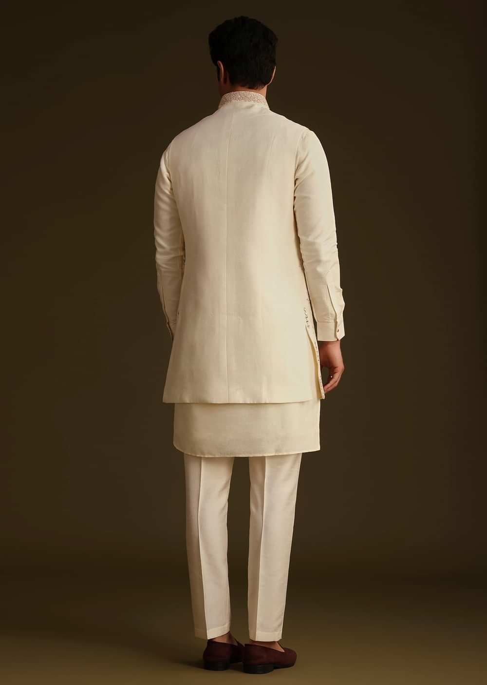 Ivory Silk Long Jacket Set With Resham And Mirror Work