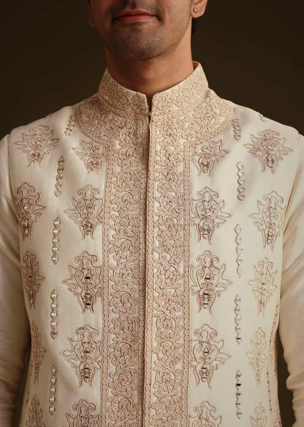 Ivory Silk Long Jacket Set With Resham And Mirror Work Ivory Silk Long Jacket Set With Resham And Mirror Work