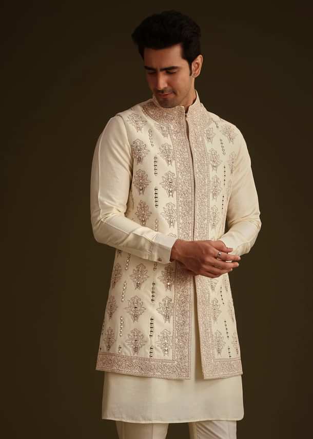 Ivory Silk Long Jacket Set With Resham And Mirror Work Ivory Silk Long Jacket Set With Resham And Mirror Work