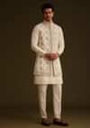 Ivory Silk Long Jacket Set With Resham And Mirror Work