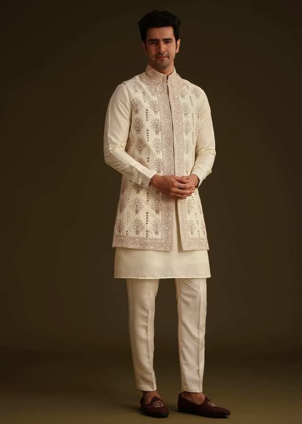 Ivory Silk Long Jacket Set With Resham And Mirror Work Ivory Silk Long Jacket Set With Resham And Mirror Work
