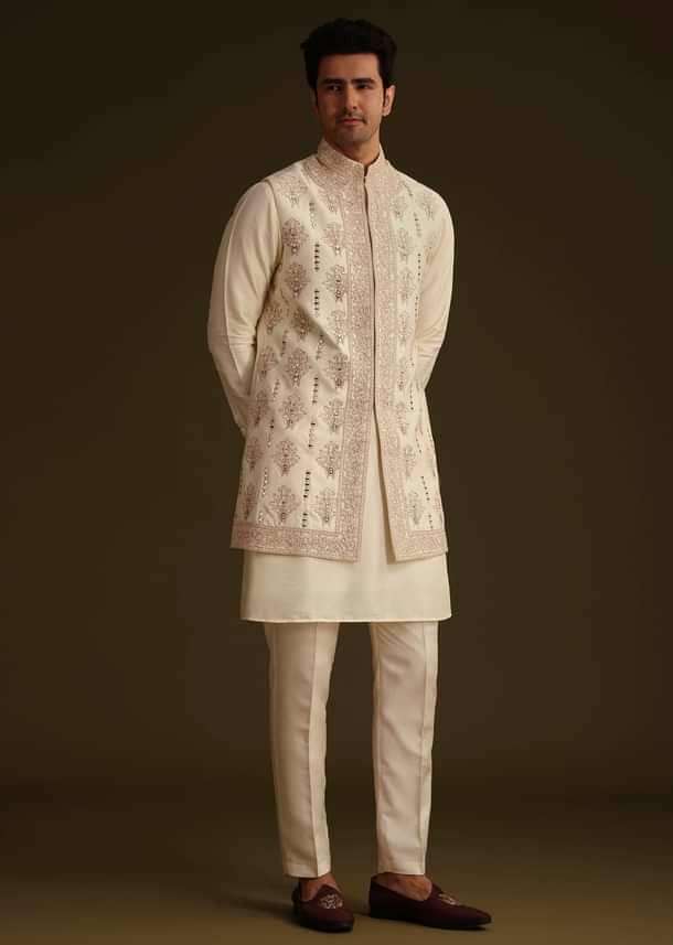 Ivory Silk Long Jacket Set With Resham And Mirror Work Ivory Silk Long Jacket Set With Resham And Mirror Work