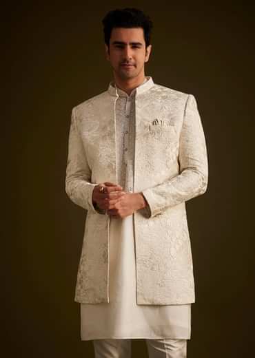 Ivory Silk Sherwani With Intricate Floral Embroidery