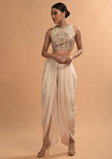 Ivory Tulip Dhoti And Crop Top Set With Embossed Floral Embroidery And High Neckline