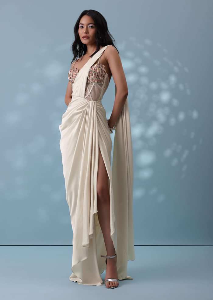 Ivory White Ready-To-Wear Embroidered Drape Saree Gown In Satin