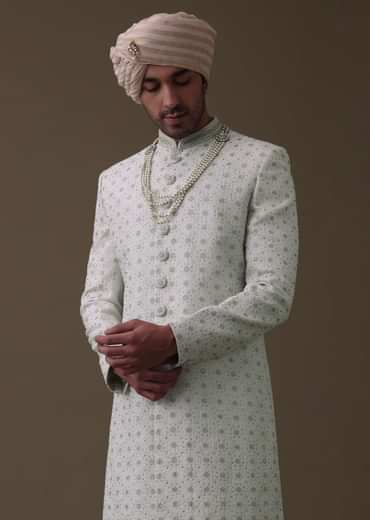 Ivory White Sherwani Set In Silk With Cut Dana Work