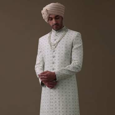 Ivory White Sherwani Set In Silk With Cut Dana Work