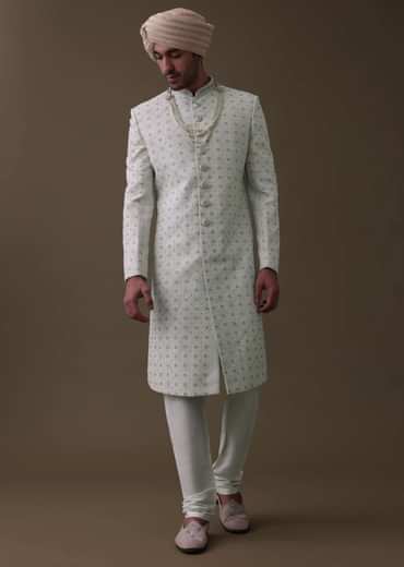 Ivory White Sherwani Set In Silk With Cut Dana Work