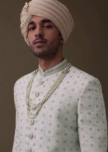 Ivory White Sherwani Set In Silk With Cut Dana Work