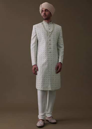 Ivory White Sherwani Set In Silk With Cut Dana Work