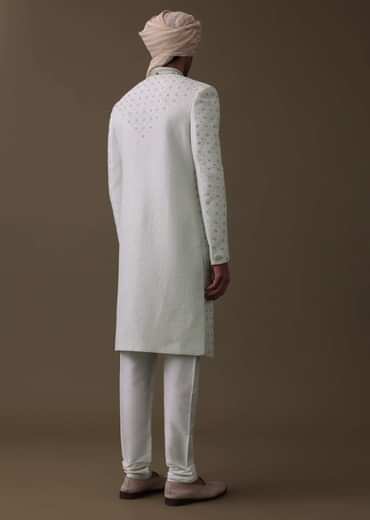 Ivory White Sherwani Set In Silk With Cut Dana Work