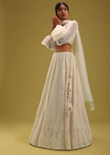Ivory White Abala Embroidered Lehenga And Blouse Set In Georgette