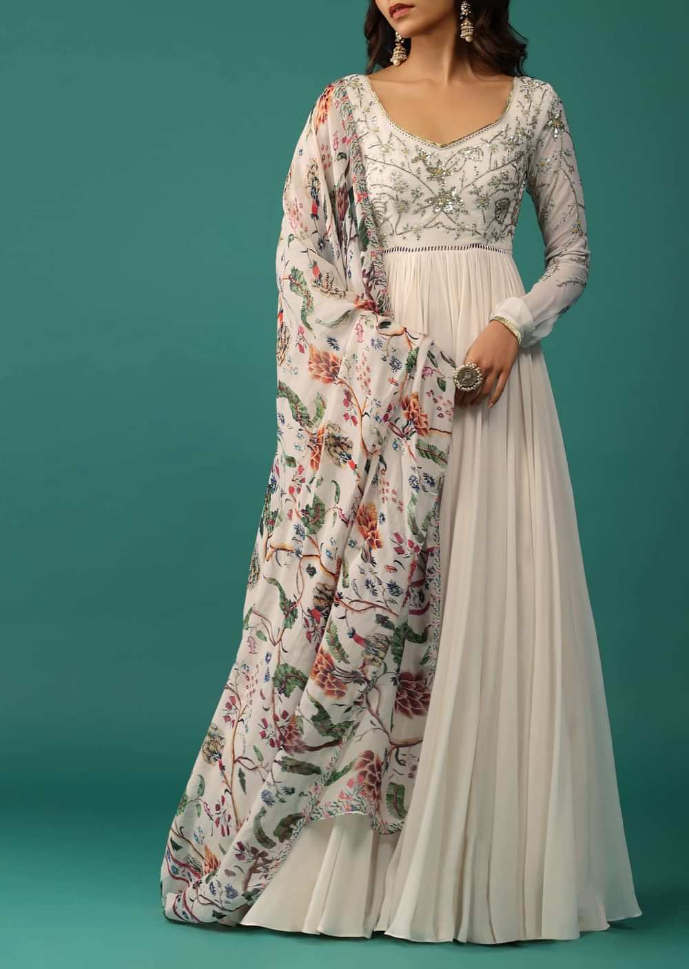 Ivory White Anarkali In Georgette With Sequins Embroidery