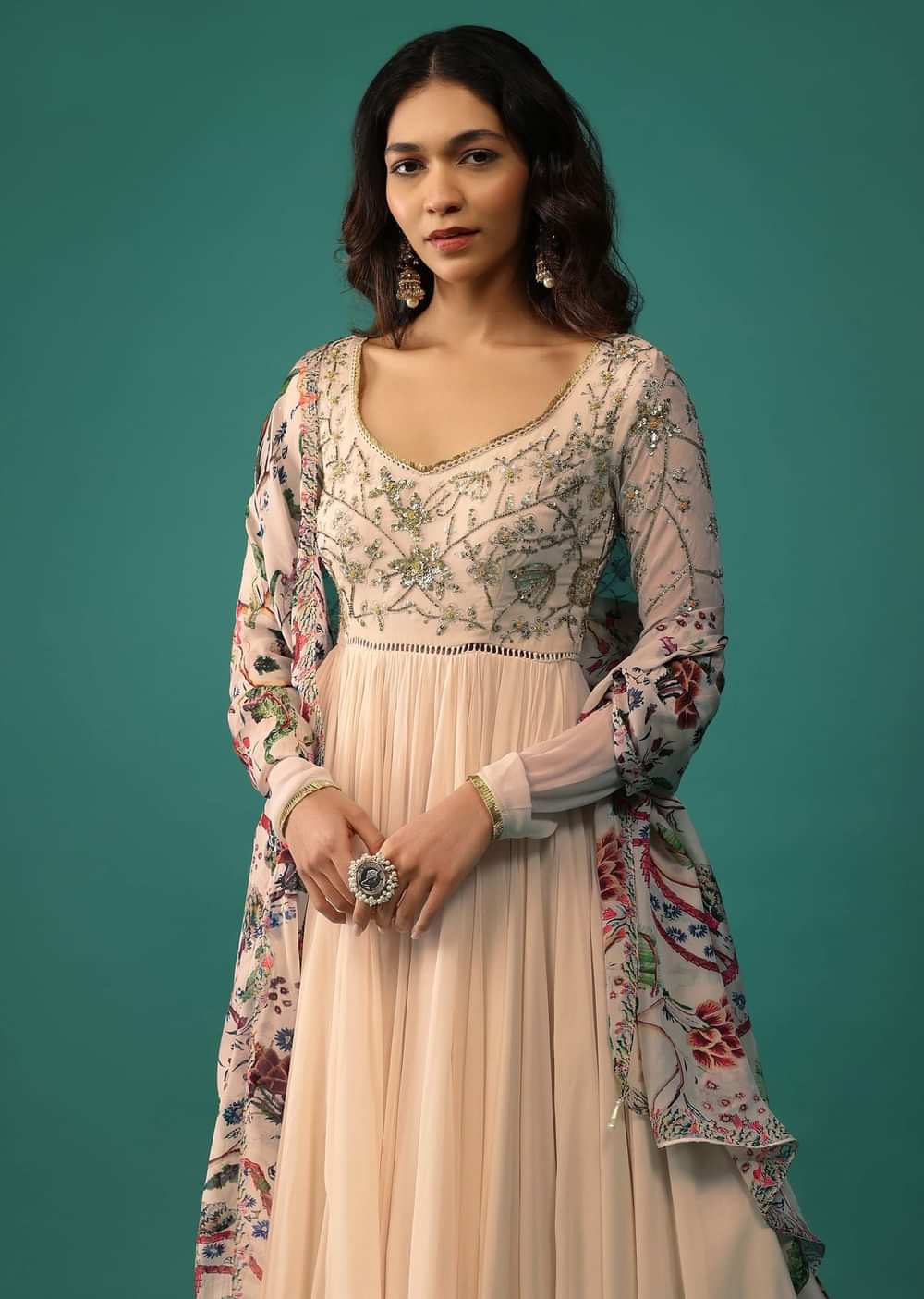 Ivory White Anarkali In Georgette With Sequins Embroidery