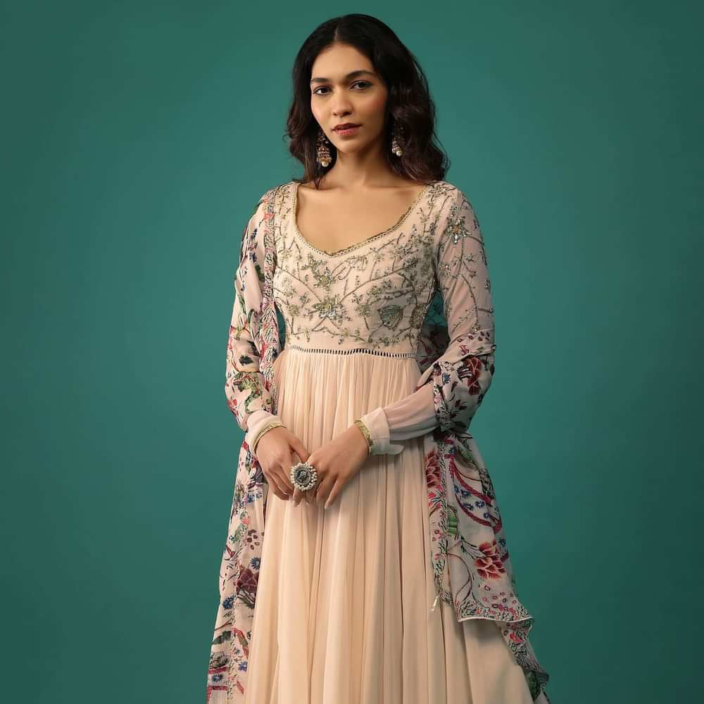 Ivory White Anarkali In Georgette With Sequins Embroidery