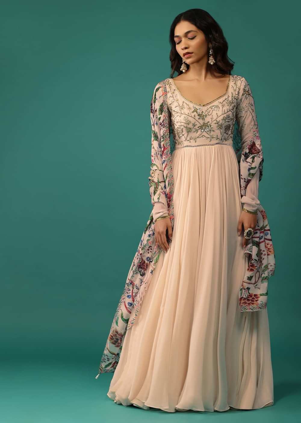 Ivory White Anarkali In Georgette With Sequins Embroidery