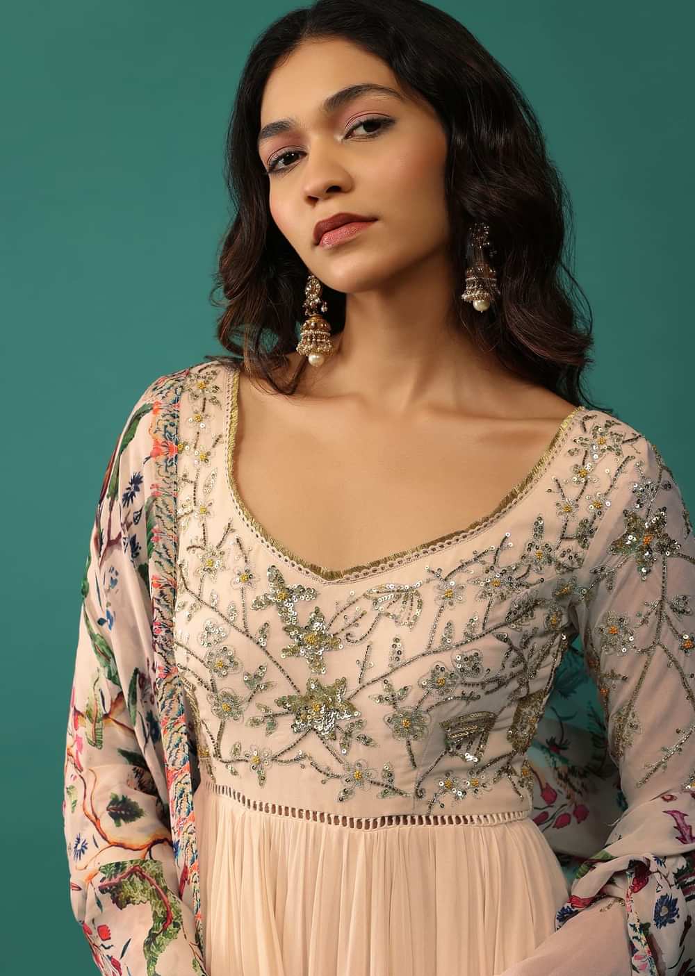 Ivory White Anarkali In Georgette With Sequins Embroidery