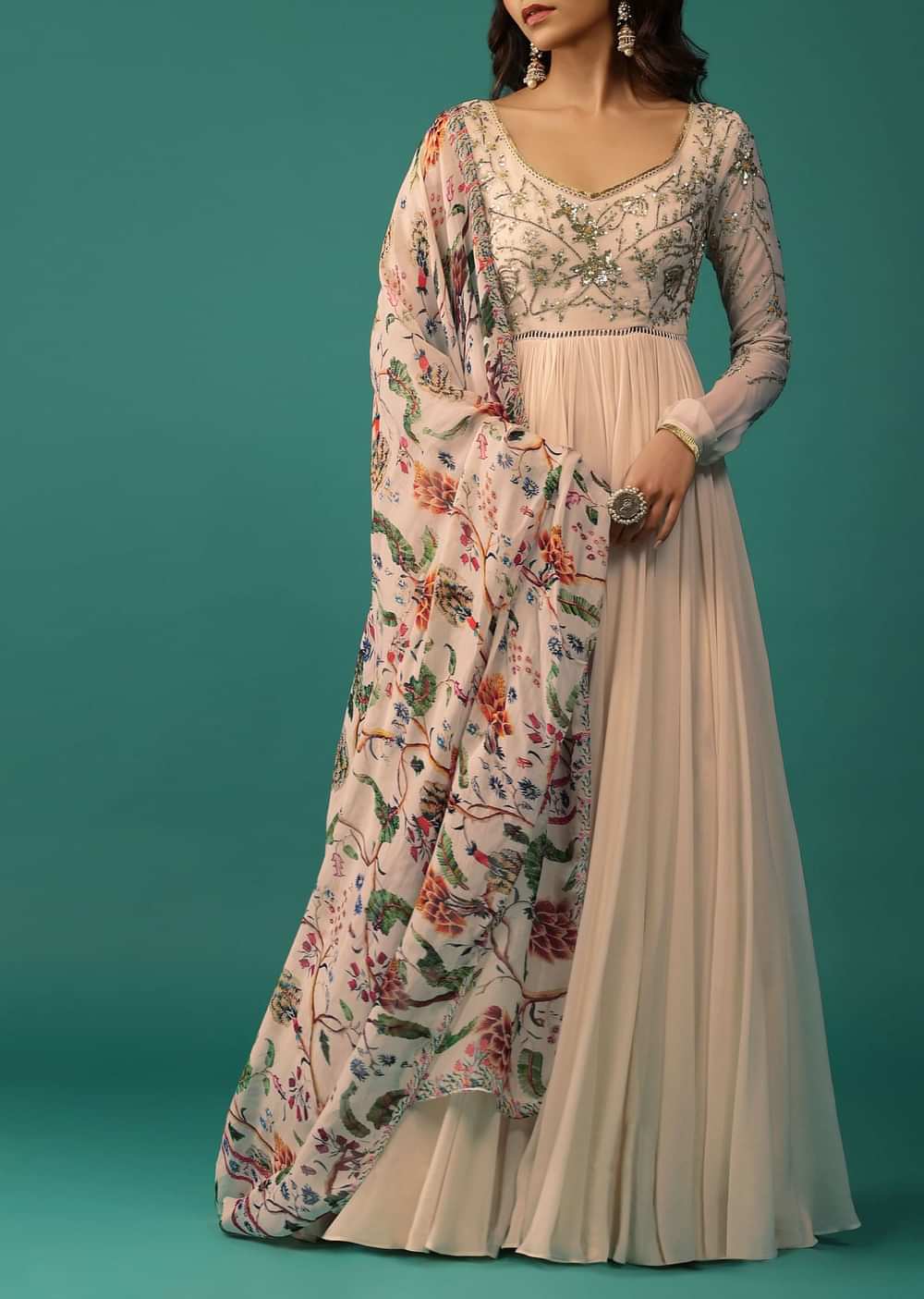 Ivory White Anarkali In Georgette With Sequins Embroidery