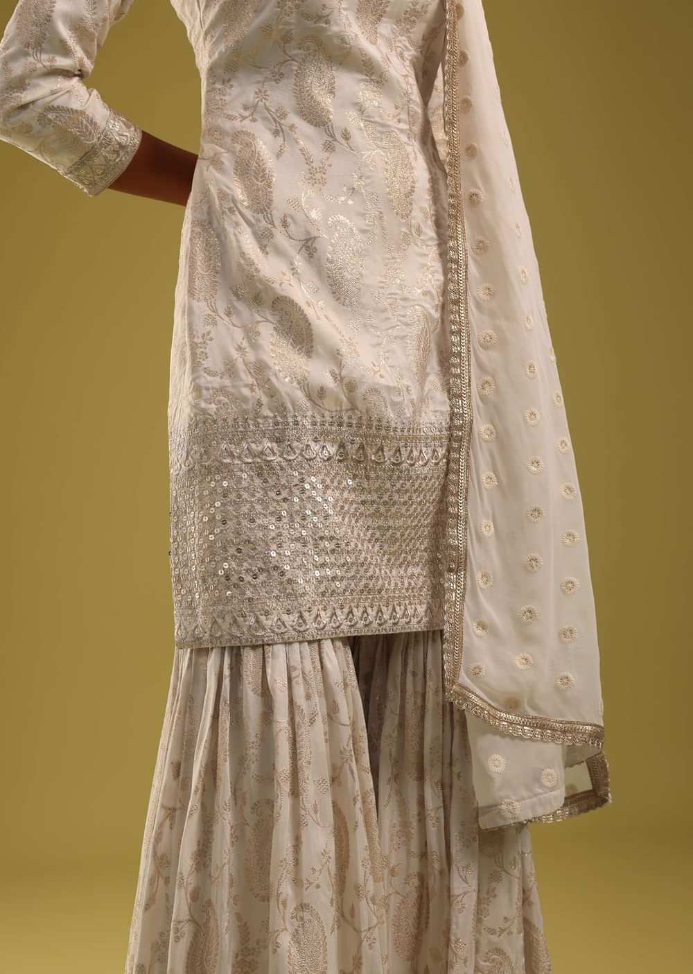 Ivory White Brocade Kurti And Sharara Set With Embroidery