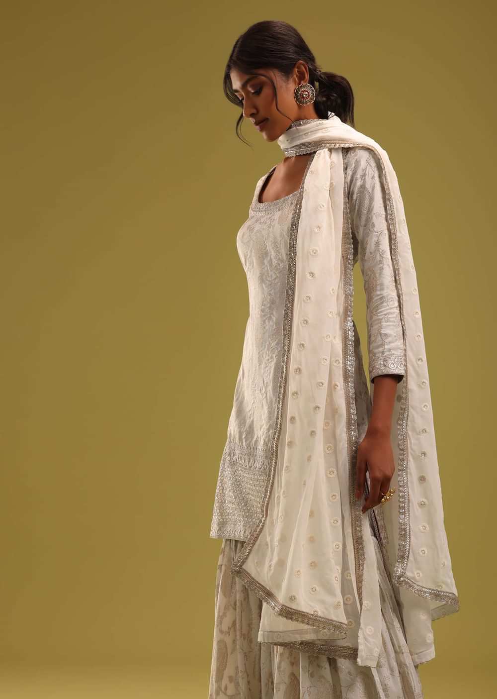 Ivory White Brocade Kurti And Sharara Set With Embroidery