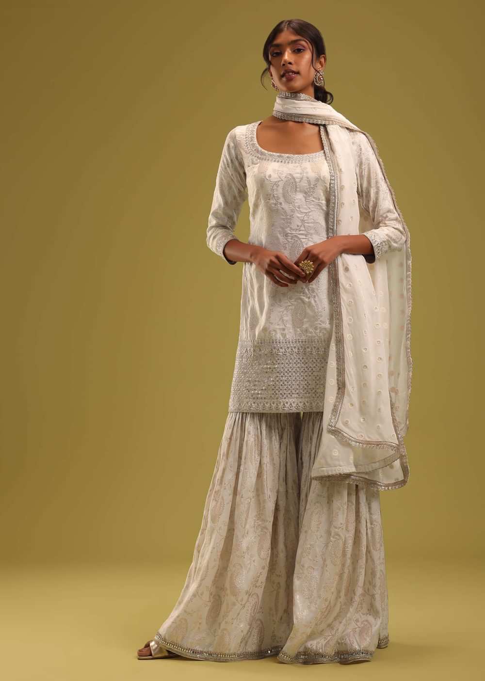 Ivory White Brocade Kurti And Sharara Set With Embroidery