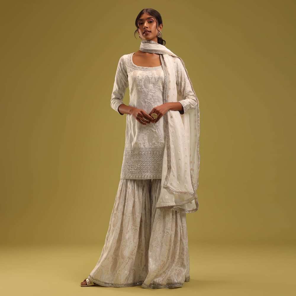 Ivory White Brocade Kurti And Sharara Set With Embroidery