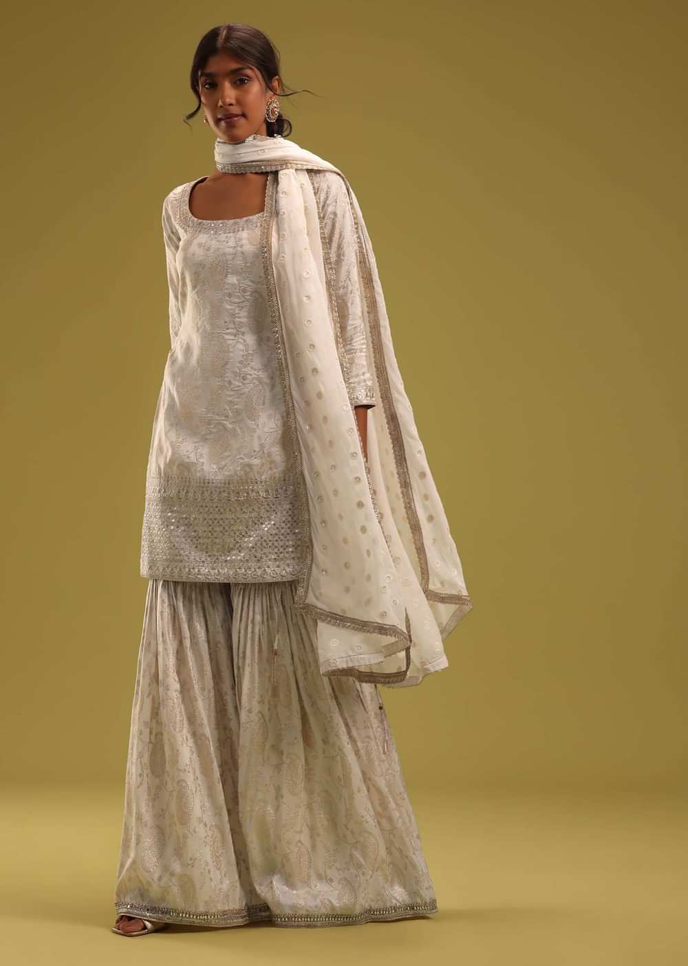 Ivory White Brocade Kurti And Sharara Set With Embroidery
