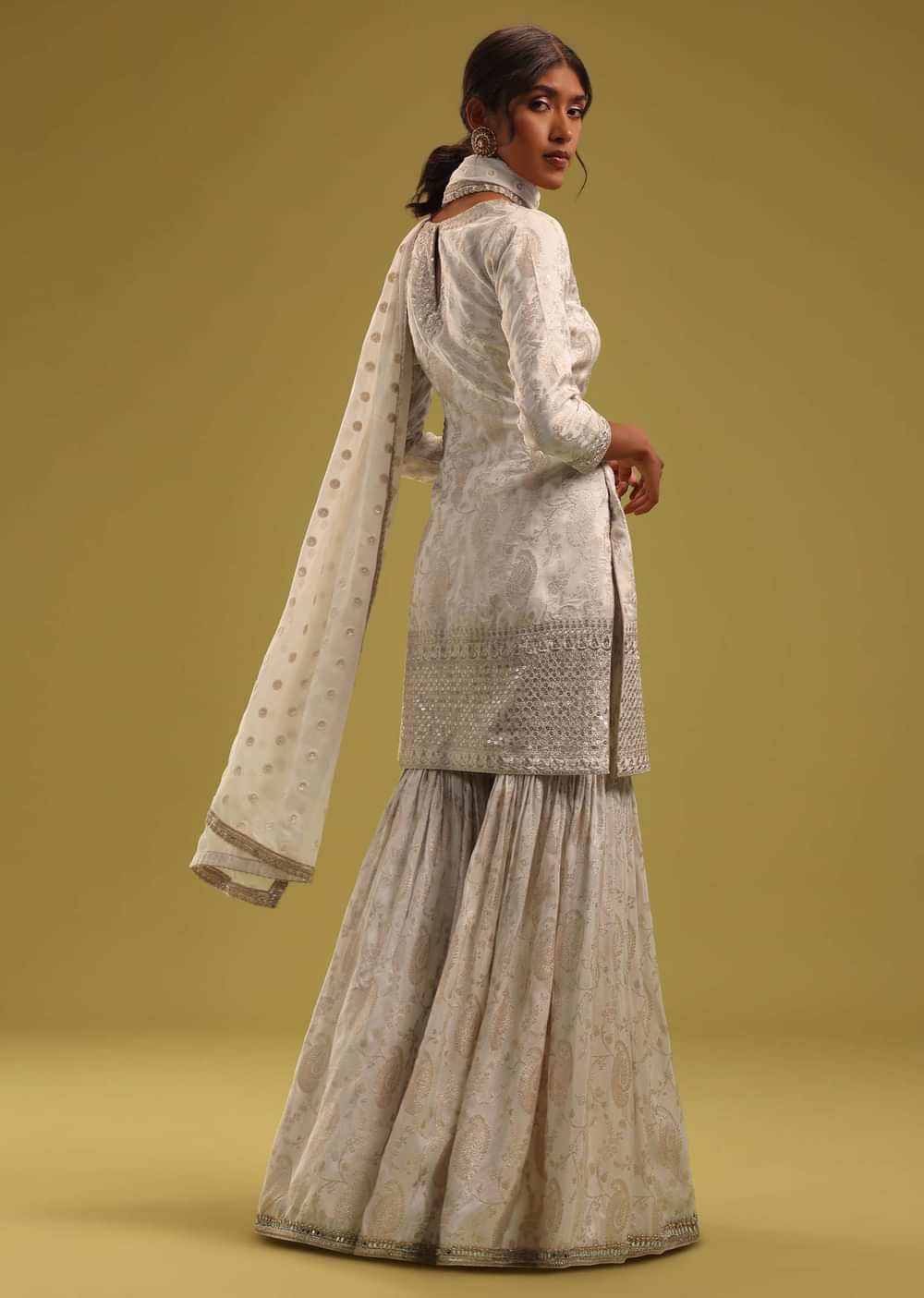 Ivory White Brocade Kurti And Sharara Set With Embroidery