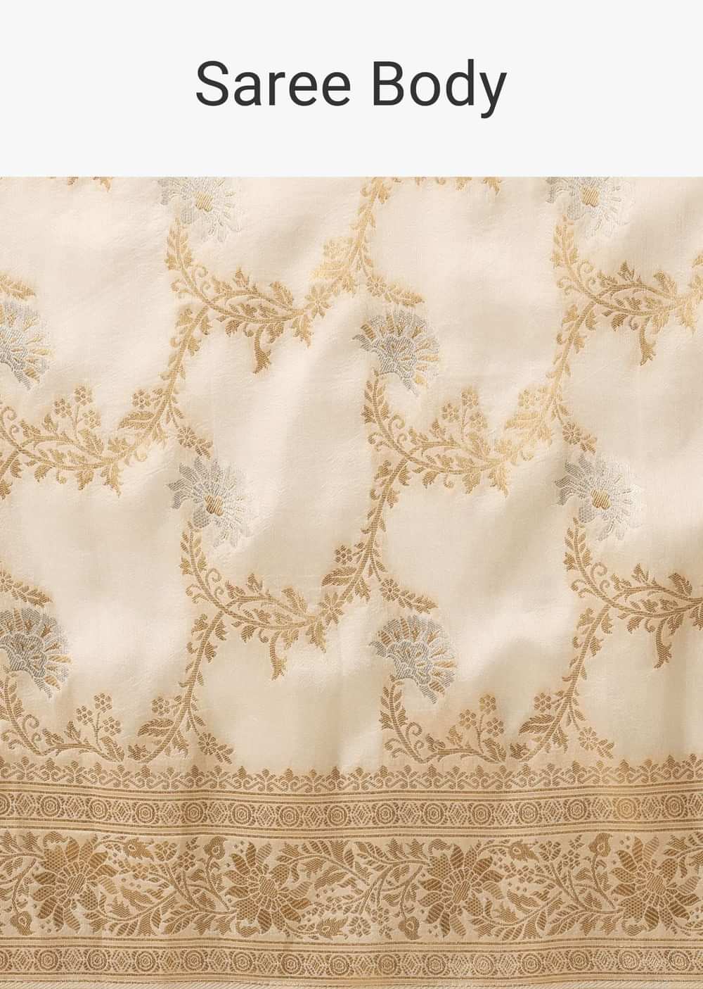 Ivory White Dola Silk Saree With Silver And Gold Jaal Embroidery In Floral Pattern