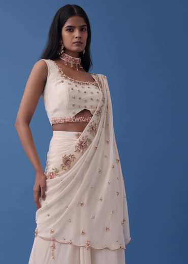 Ivory White Embroidered Indowestern Set With Pre-Draped Dupatta In Georgette