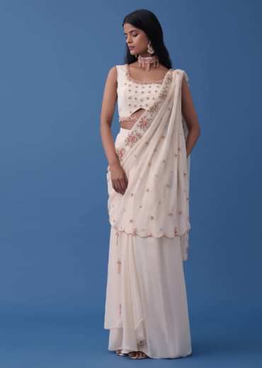 Ivory White Embroidered Indowestern Set With Pre-Draped Dupatta In Georgette
