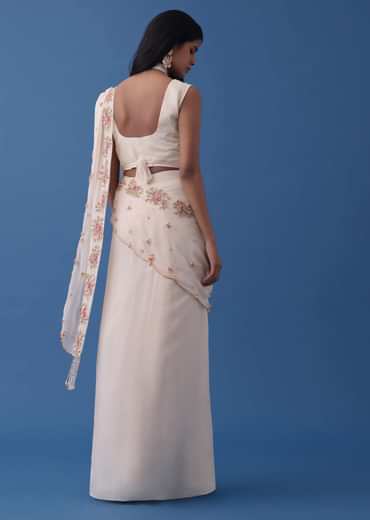Ivory White Embroidered Indowestern Set With Pre-Draped Dupatta In Georgette