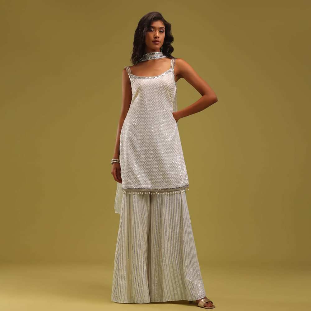 Ivory White Embroidered Kurti And Sharara Set With Choker Dupatta