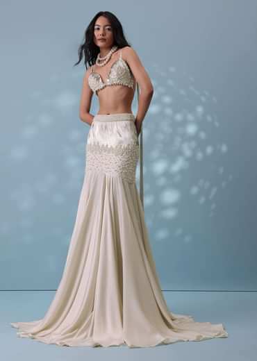 Ivory White Embroidered Trail Lehenga Set In Milano Satin With Tassel Blouse