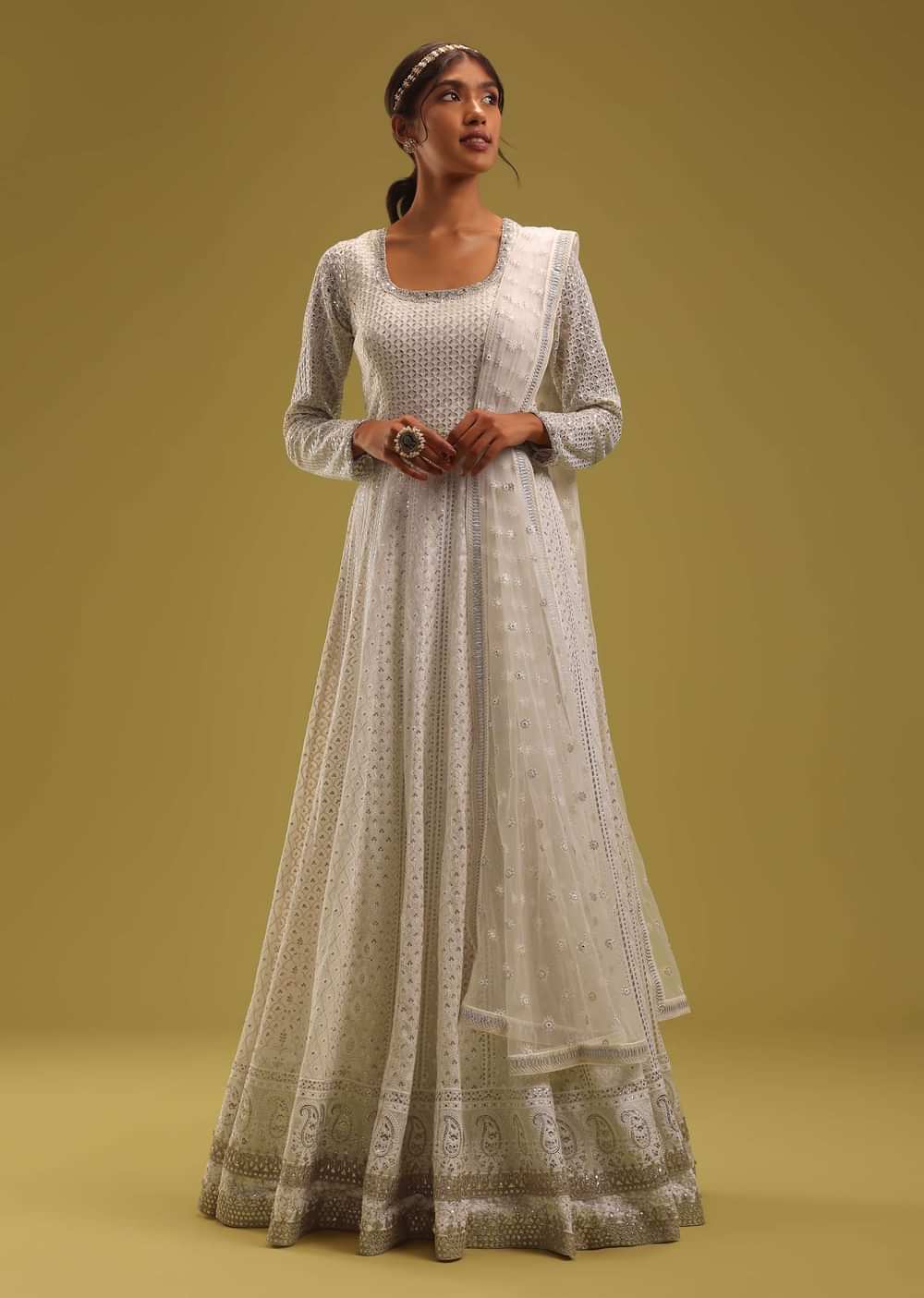 Ivory White Georgette Anarkali Set With Embroidered Belt