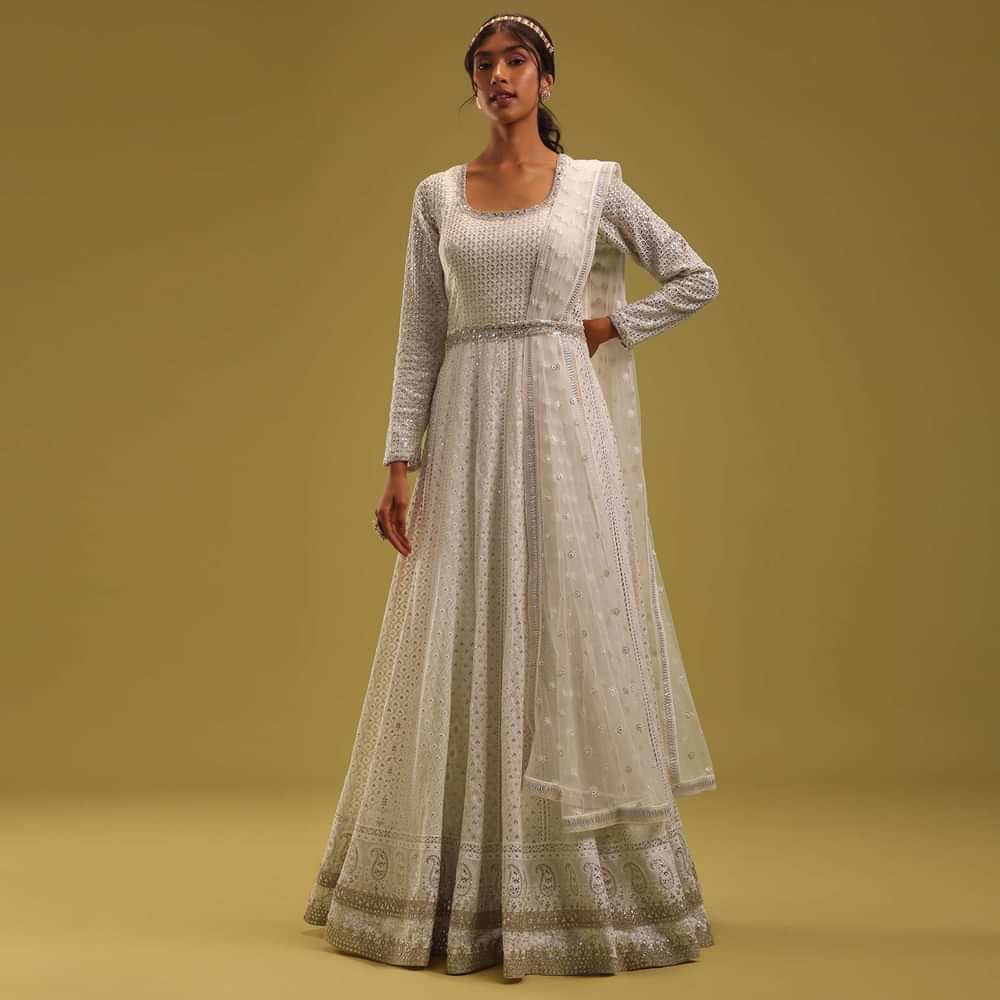Ivory White Georgette Anarkali Set With Embroidered Belt