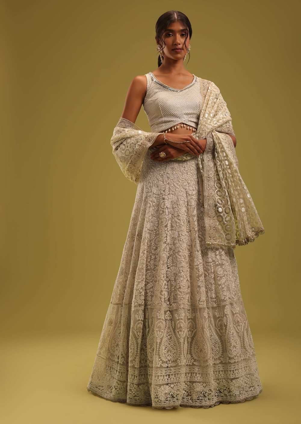 Ivory White Georgette Lehenga Set With Intricate Lucknowi Embroidery