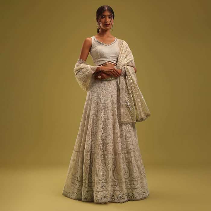 Ivory White Georgette Lehenga Set With Intricate Lucknowi Embroidery