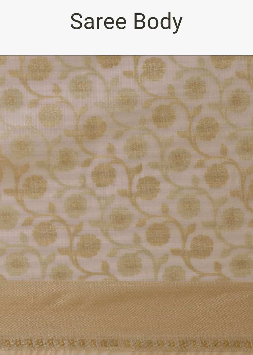 Ivory White Kora Cotton Silk Saree With Meenakari Butti All over