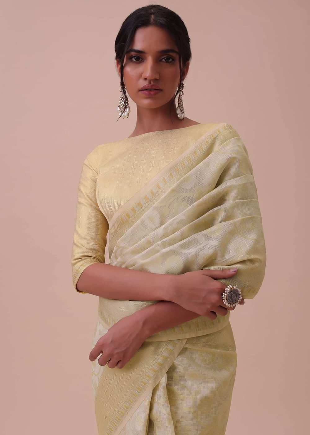 Ivory White Kora Cotton Silk Saree With Meenakari Butti All over